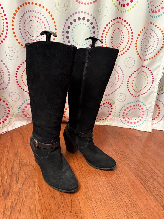 Shoes - Crown Vintage Black Suede Knee-High Heeled Boots for Women